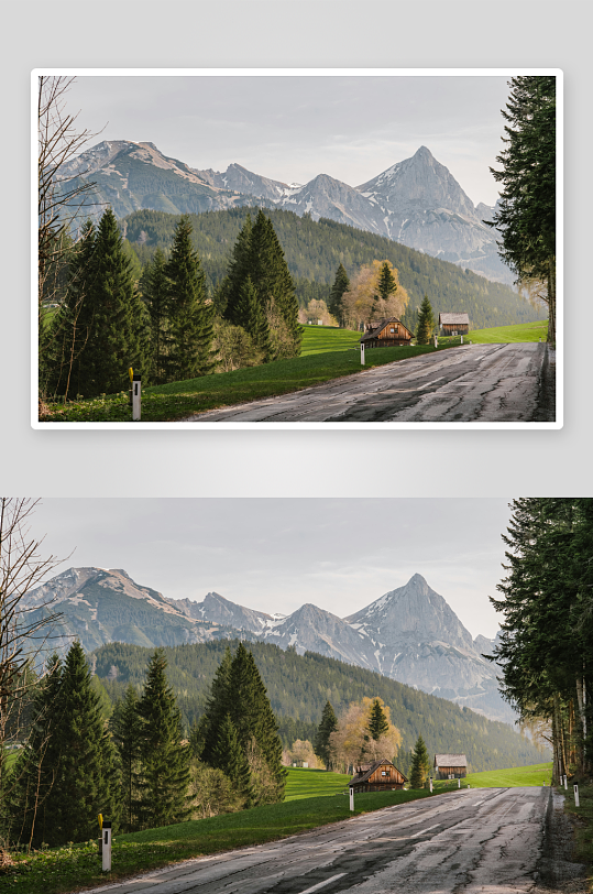 山间公路与森林小屋-众图网