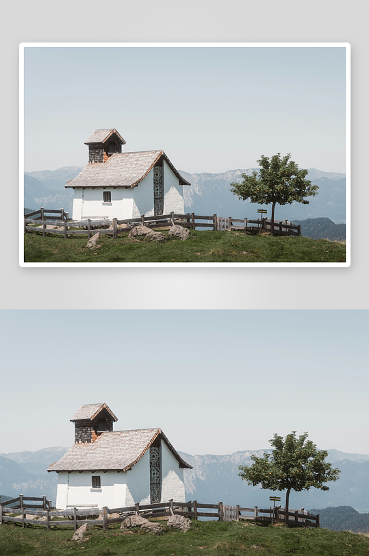 山间小教堂与绿树-众图网