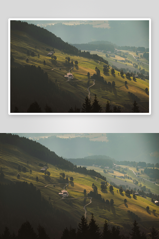 山间晨曦中的田园风光-众图网