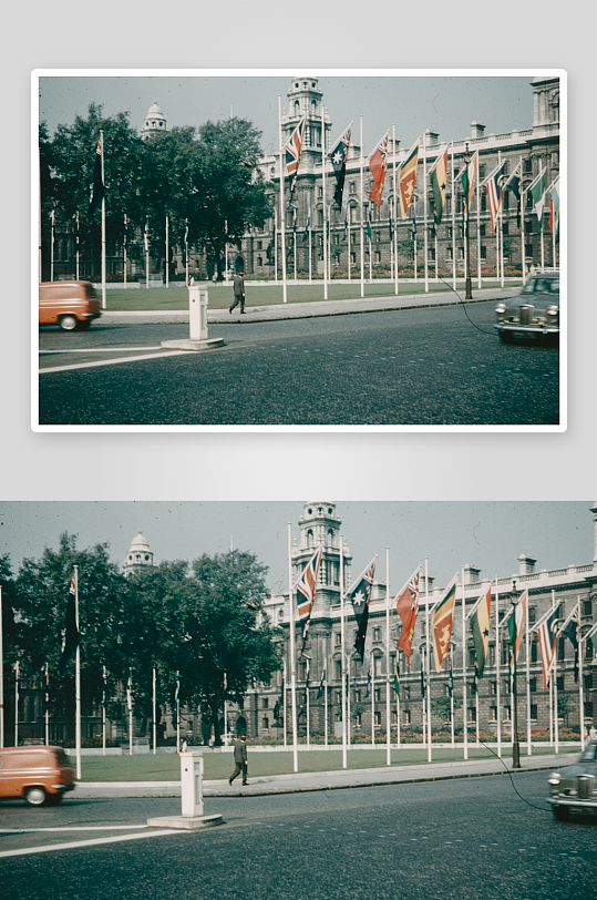 广场前的旗帜与建筑-众图网