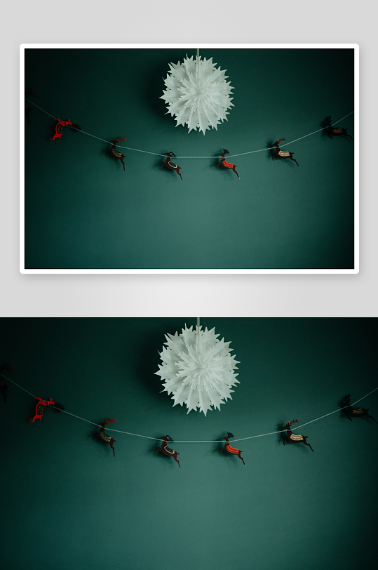 悬挂的驯鹿装饰与雪花灯饰-众图网