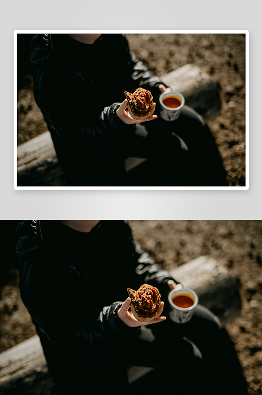 户外手持食物与茶杯-众图网