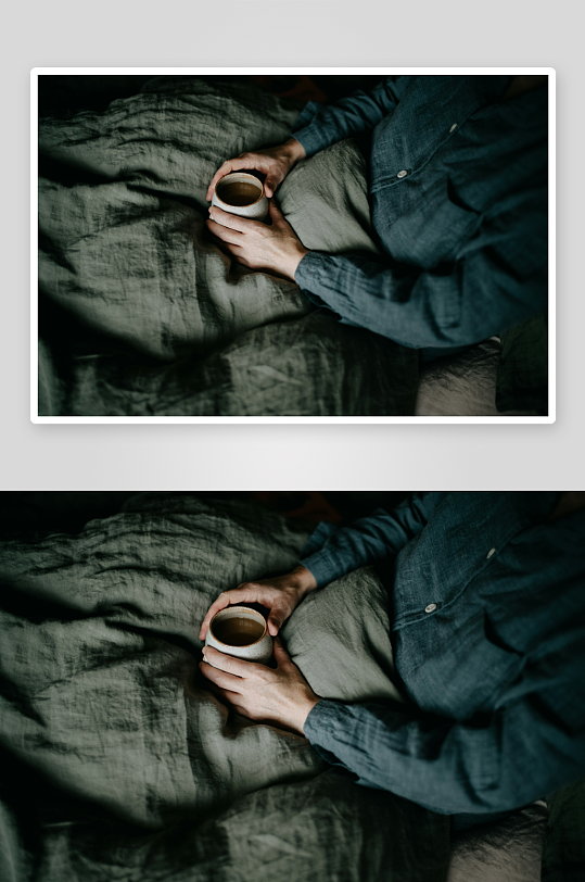 手中捧杯静坐床上-众图网