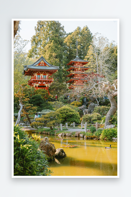 日式庭园中的传统建筑与池塘-众图网