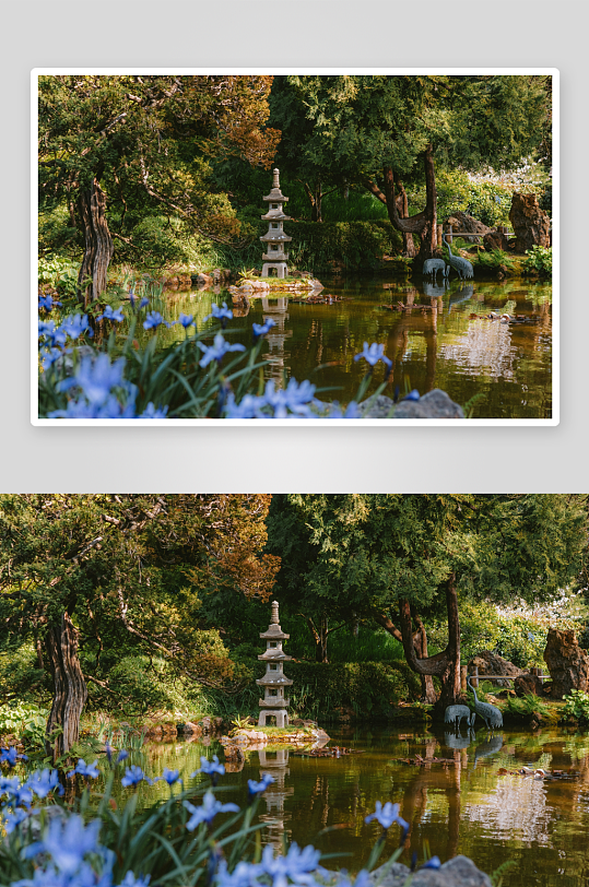 日式庭园中的石塔与池塘-众图网
