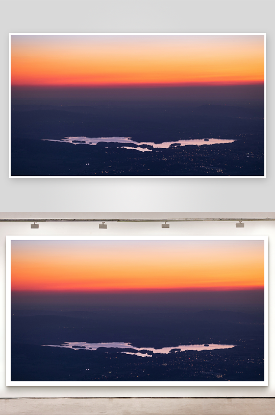 日落时分的湖景与城市夜色-众图网