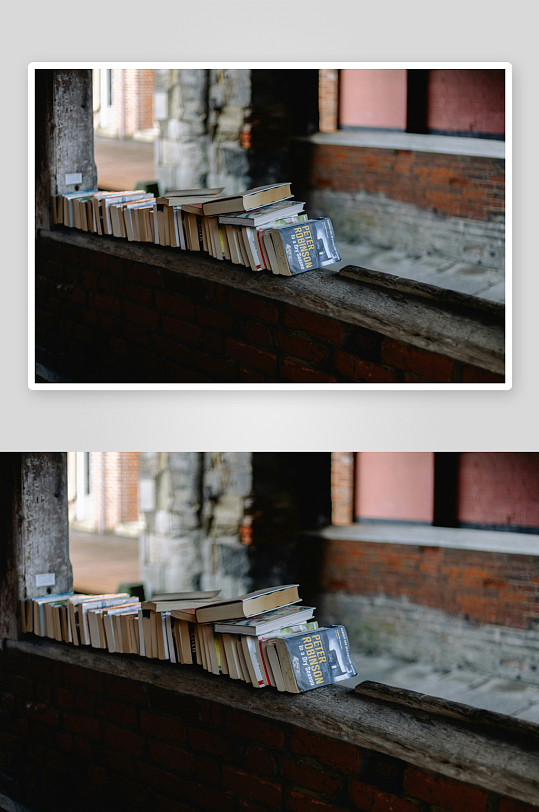 旧书堆放在砖墙窗台-众图网