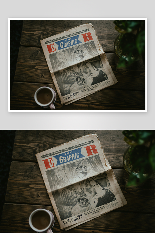 旧报纸与咖啡杯静置木桌-众图网