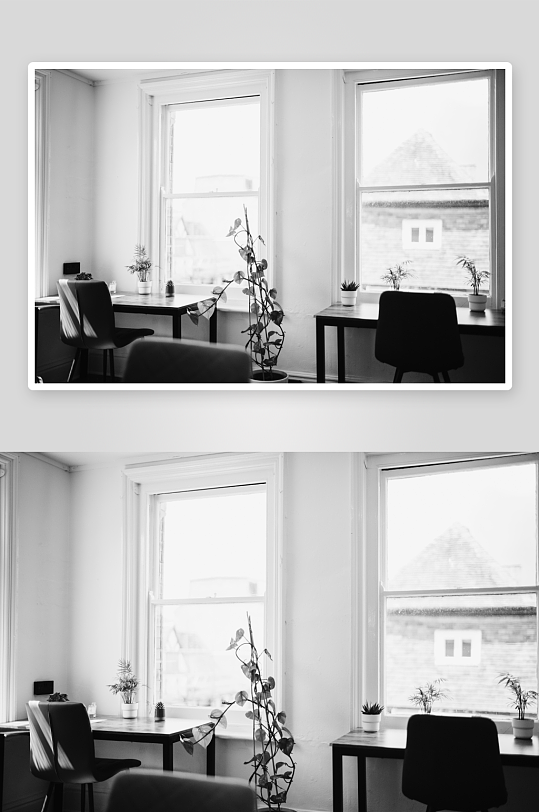 明亮室内窗边绿植与桌椅-众图网