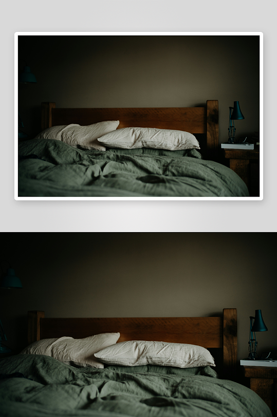 昏暗卧室中的凌乱床铺-众图网