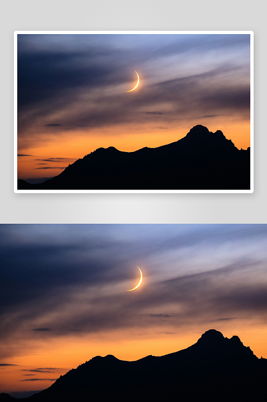 月牙悬于山巅暮色-众图网
