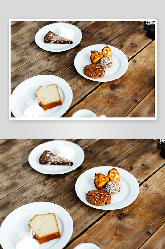 木桌上摆放的各式甜点-众图网