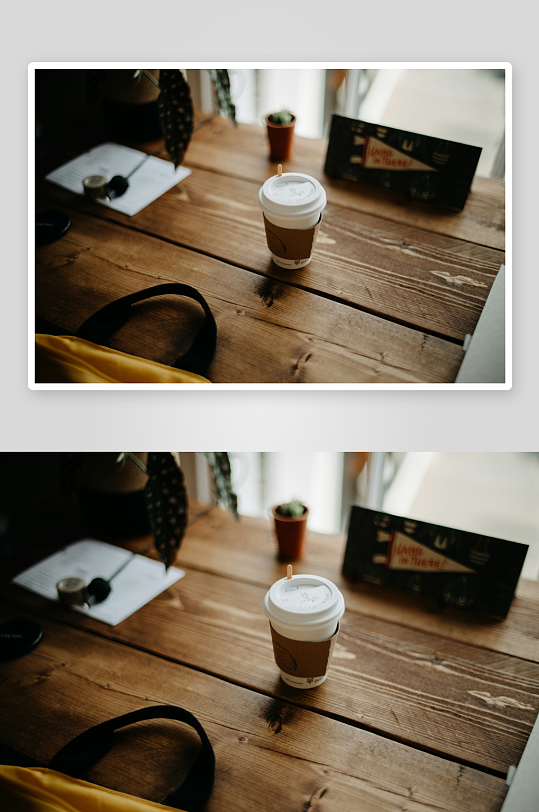 木桌上的咖啡杯与文具-众图网