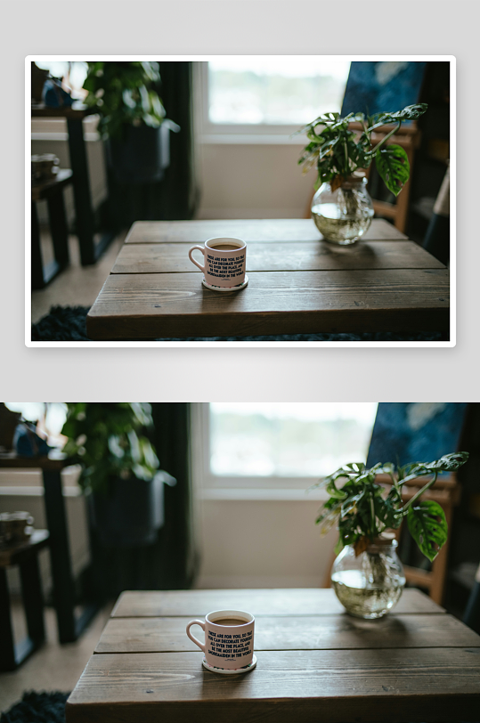 木桌上的咖啡杯与绿植-众图网