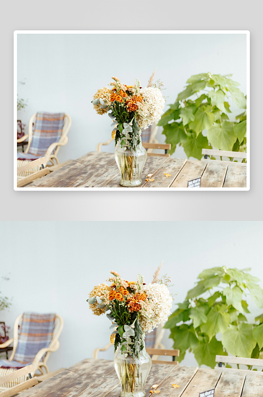 木桌上的干花花束-众图网