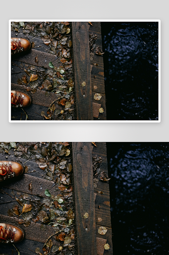木桥落叶与靴子特写-众图网