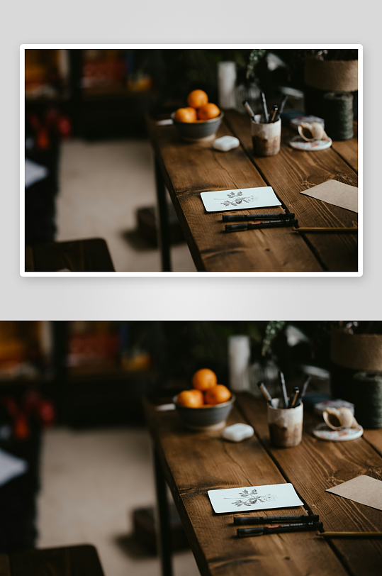 木质桌上的绘画工具与静物-众图网