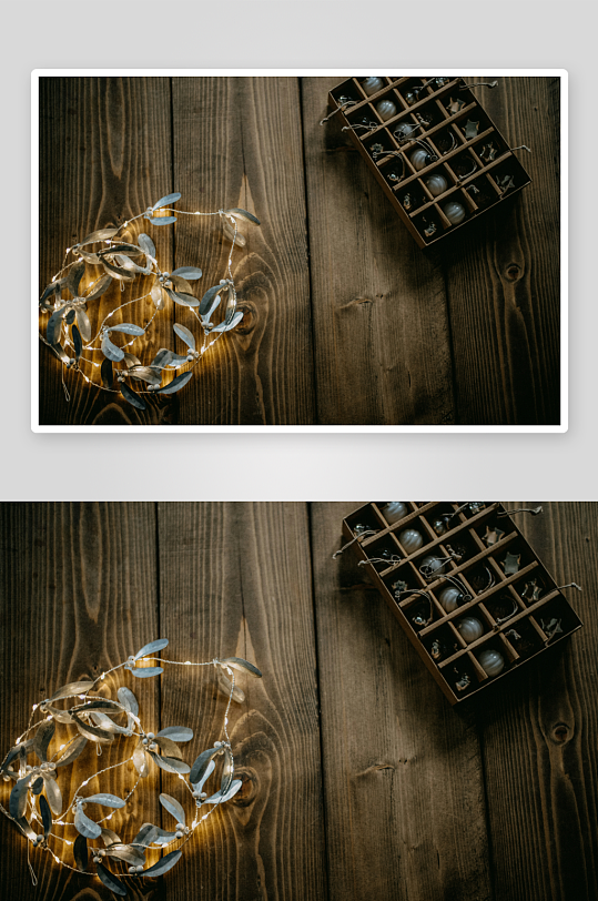 木质桌面的灯串与格子盒-众图网