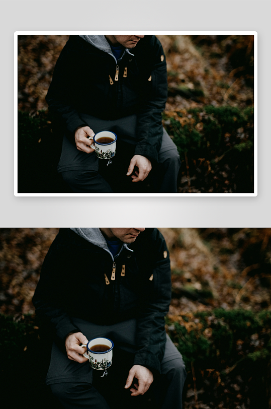 林间持杯饮茶的人-众图网