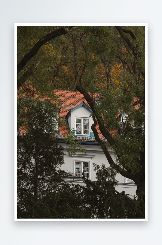 林间白墙红瓦房屋-众图网