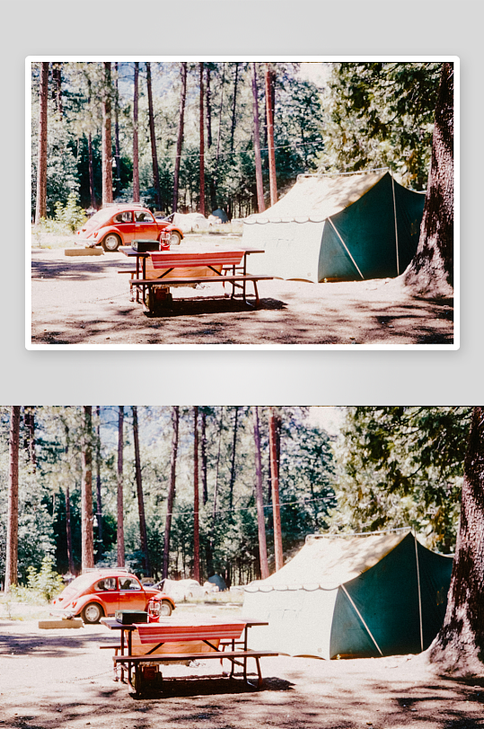林间露营场景与红色汽车-众图网