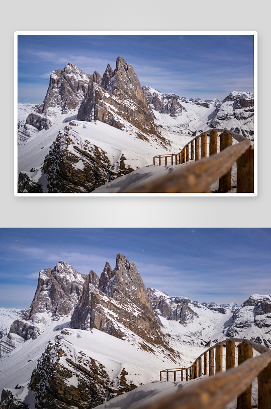 雪山峰峦与木栏观景台-众图网