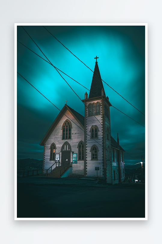 夜幕下的教堂建筑-众图网