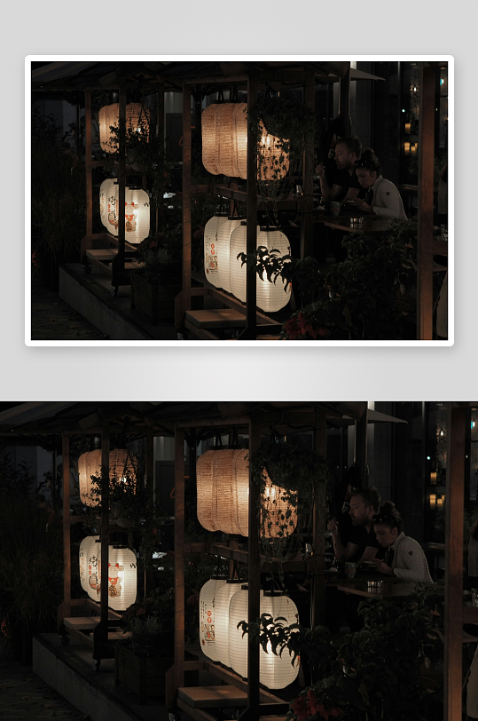 夜晚日式庭院灯饰与用餐场景-众图网