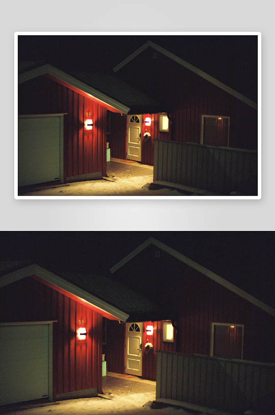 夜晚红色木屋入口灯光-众图网