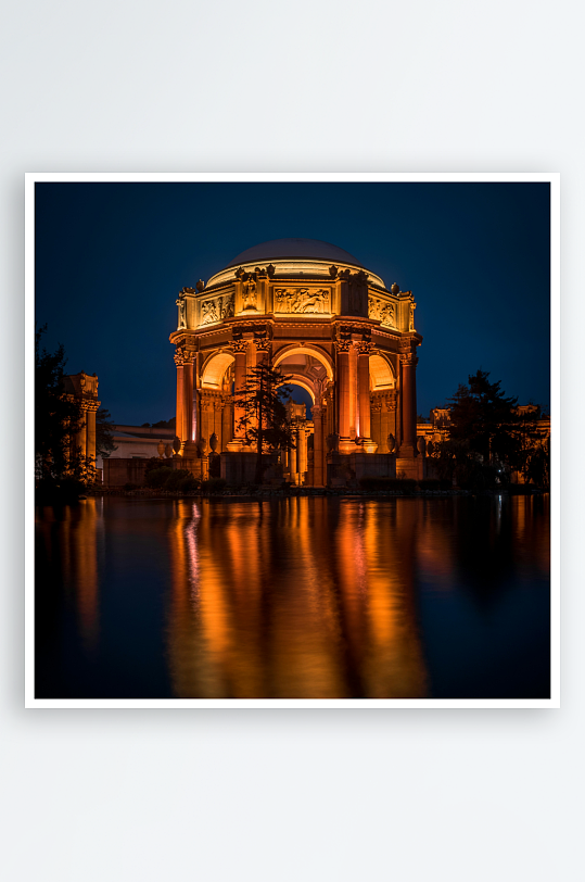 夜景中的古典建筑倒影-众图网