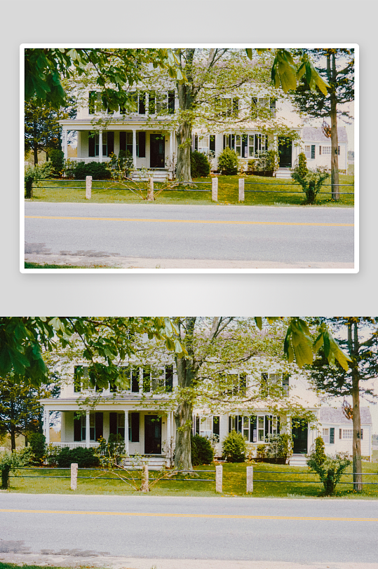 乡村白色住宅前的绿树庭院-众图网