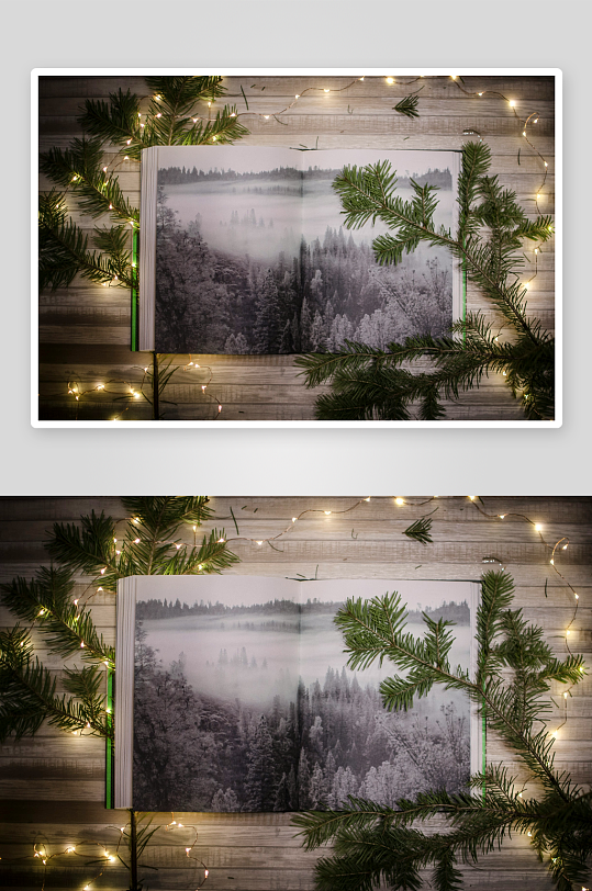 书页中的雾林与松枝装饰-众图网