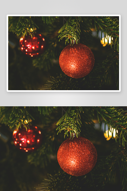 圣诞树上的红色装饰球特写-众图网
