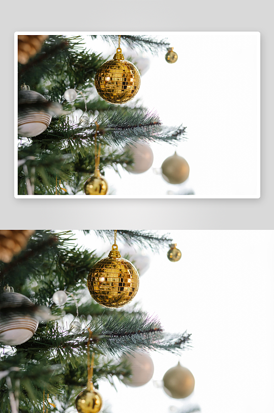 圣诞树上的金色装饰球特写-众图网