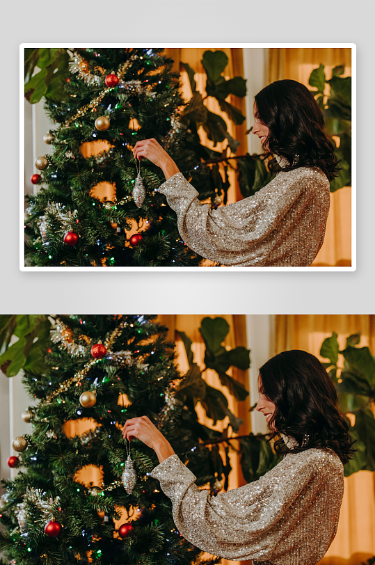 女子装饰圣诞树温馨节日场景-众图网