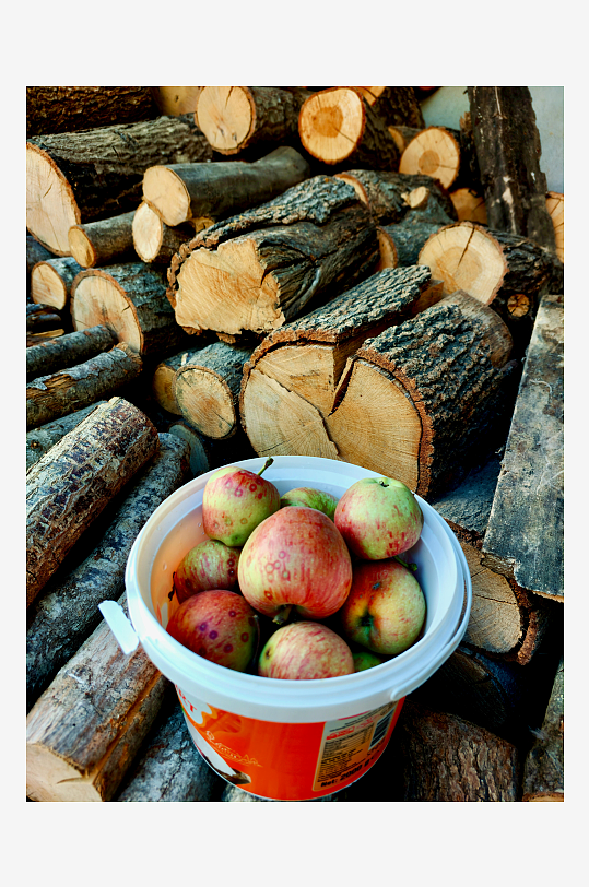 木柴堆旁的苹果桶-众图网