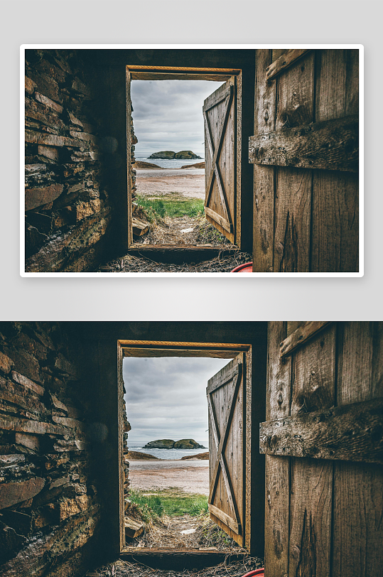 破旧木门望向海边景色-众图网