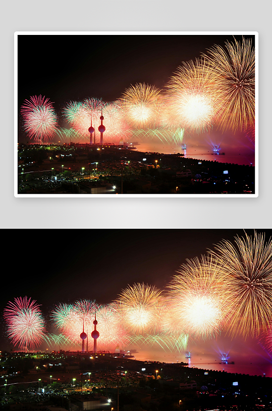 夜空烟花璀璨绽放城市景观-众图网