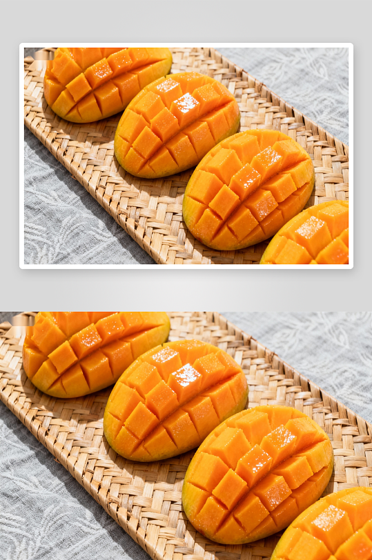 切块芒果摆放在编织篮-众图网