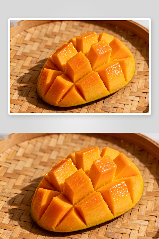 切块芒果置于编织篮-众图网