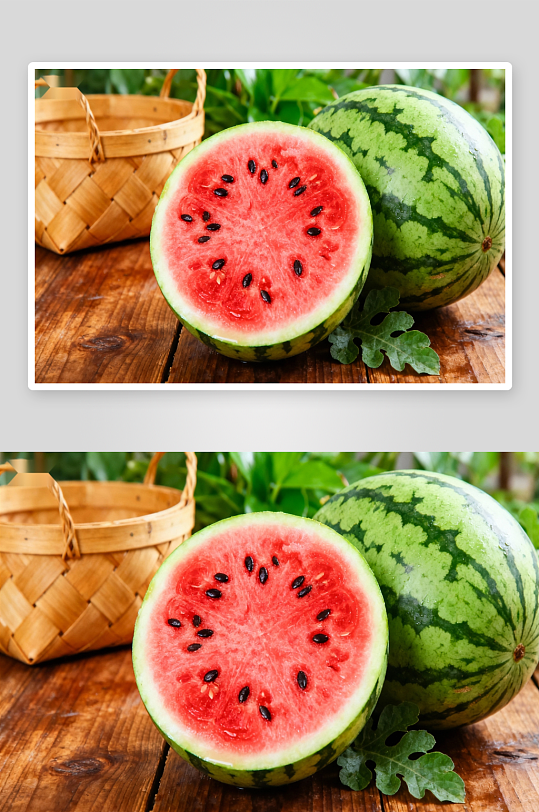 切开的西瓜与竹篮-众图网
