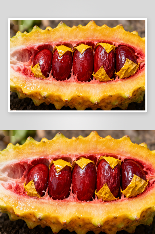 切开的黄色果实露出红色种子-众图网