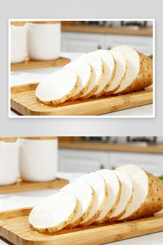 切片山药摆放在木质砧板上-众图网