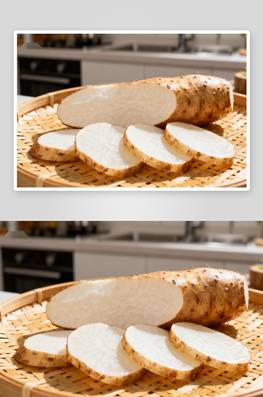 切片山药摆放在竹篮中-众图网