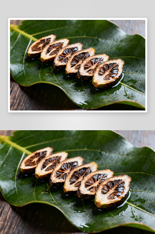 切片果实置于绿叶之上-众图网