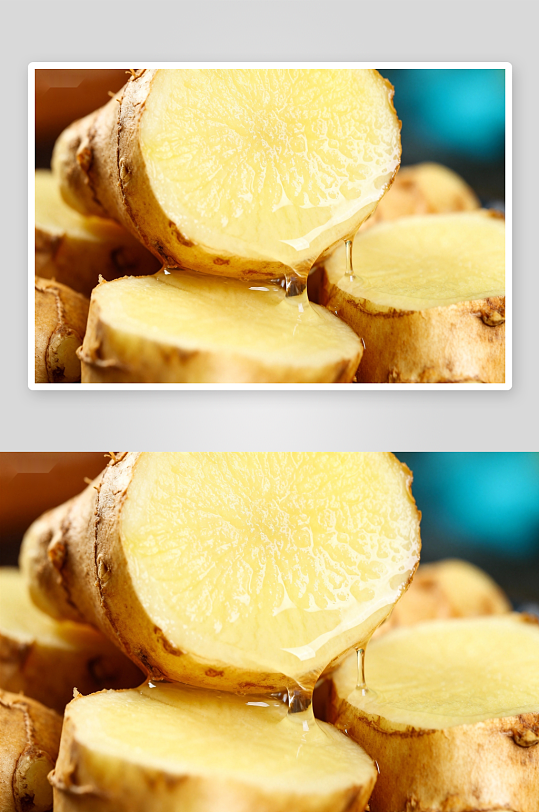 切片生姜滴落汁液特写-众图网