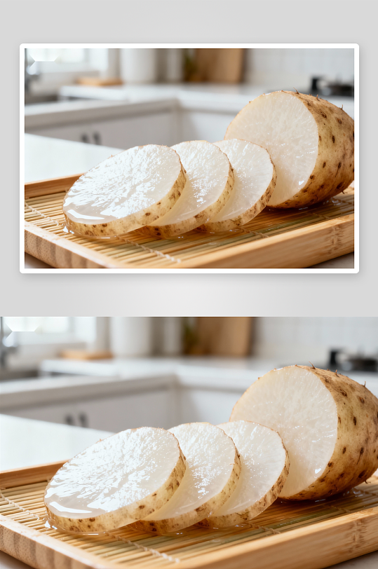 切片白萝卜静置于竹盘-众图网