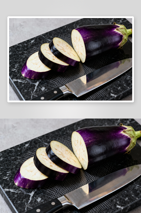 切片茄子与厨刀照片摄影-众图网