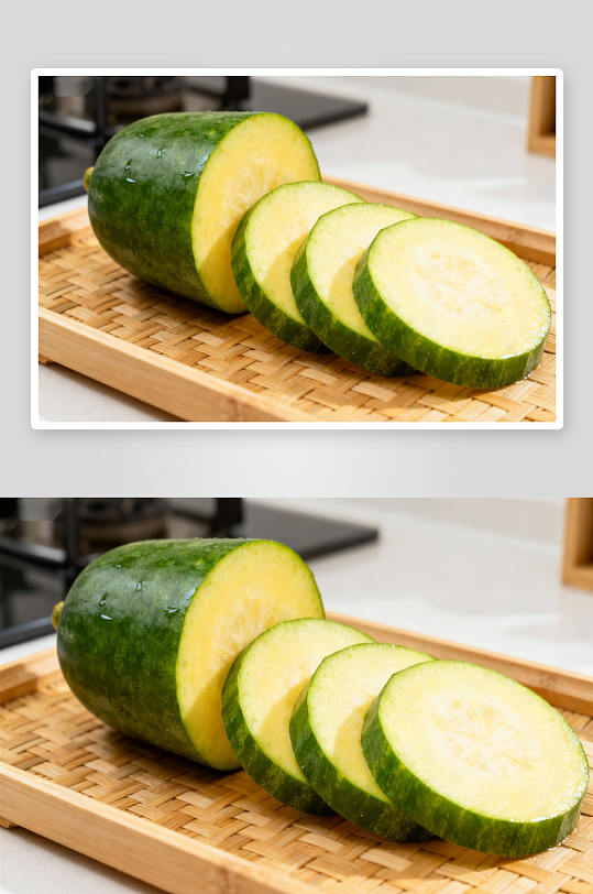 切片西葫芦摆放在竹制托盘上-众图网