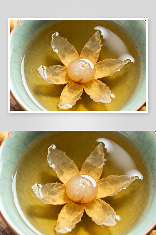 剥开的荔枝浸泡在茶水中-众图网